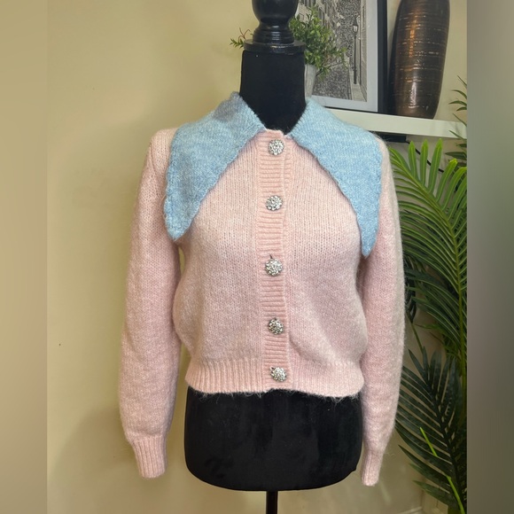 Zara Wool Alpaca Blend Contrast Collar Sweater Front Jewel/Rhinestone Button Med - Picture 4 of 13